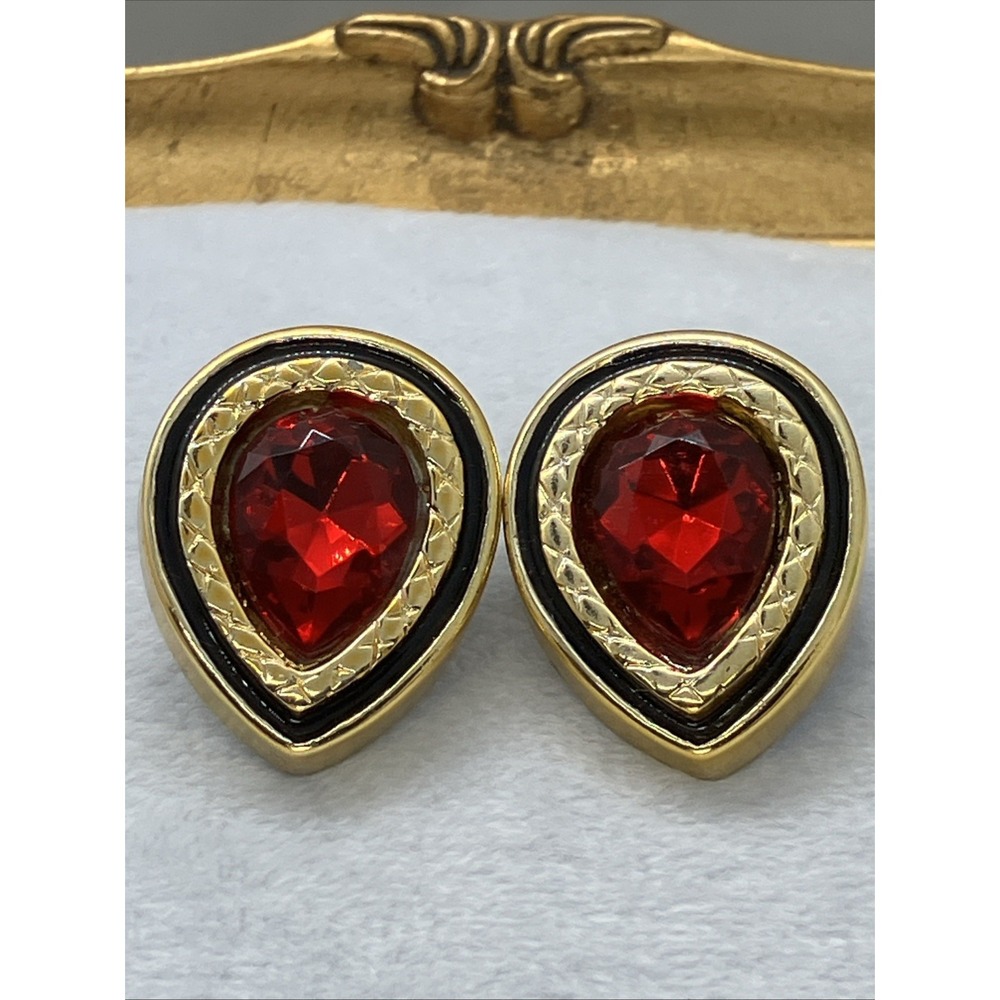 Vtg Gold Tone Red Acrylic Gemstone Style Rhinestone Pierced Earrings 80's Bold